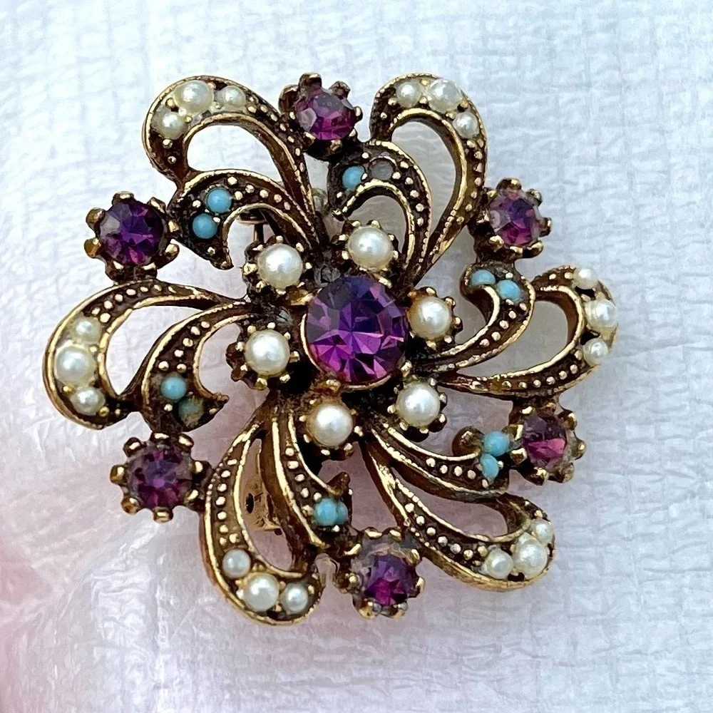 Vintage Purple Rhinestone Brooch Pin with Blue and Pearl Accents